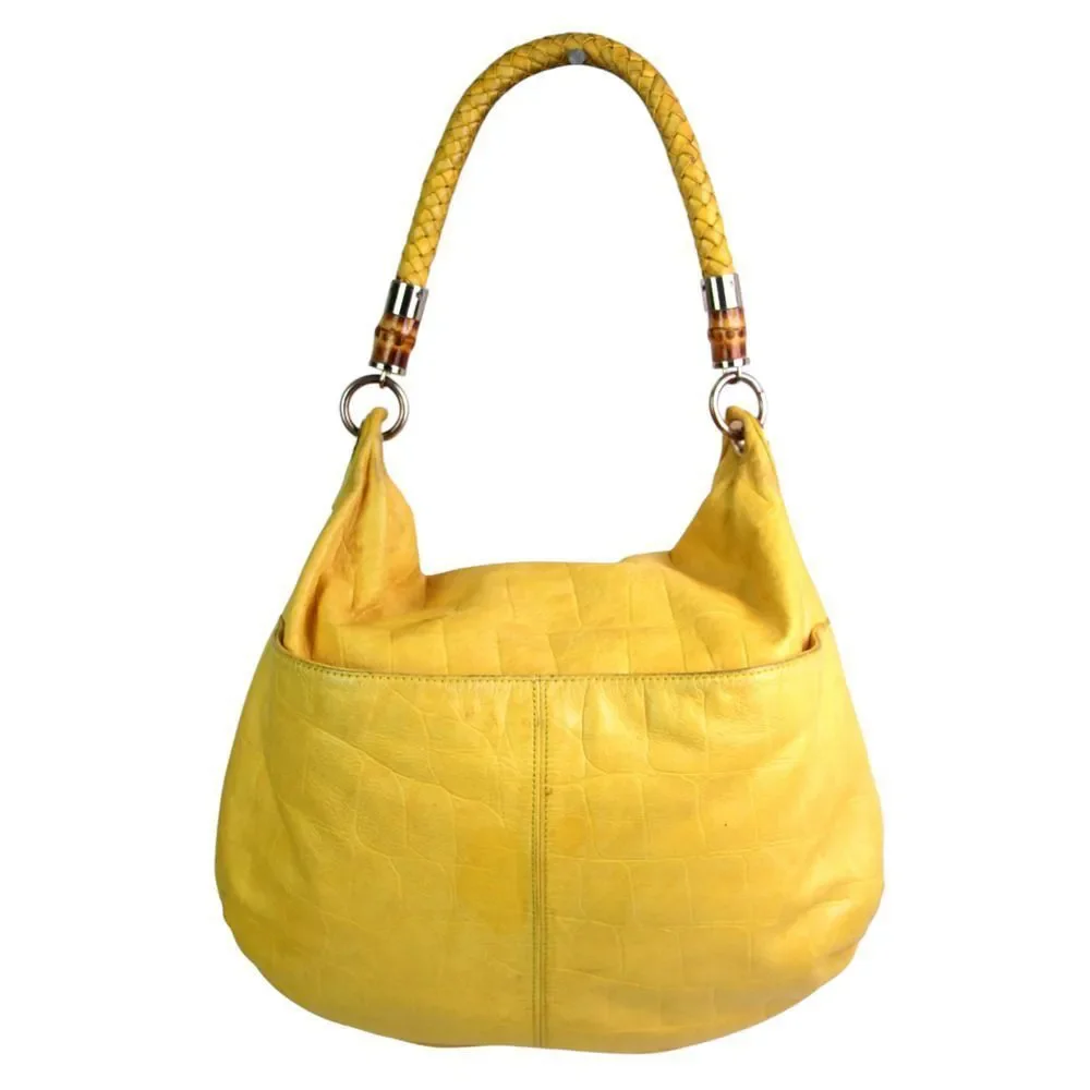 ROOMY Elaine Turner TOOLED YELLOW REAL LEATHER TASSELS SHOULDER BAG HOBO HANDBAG
